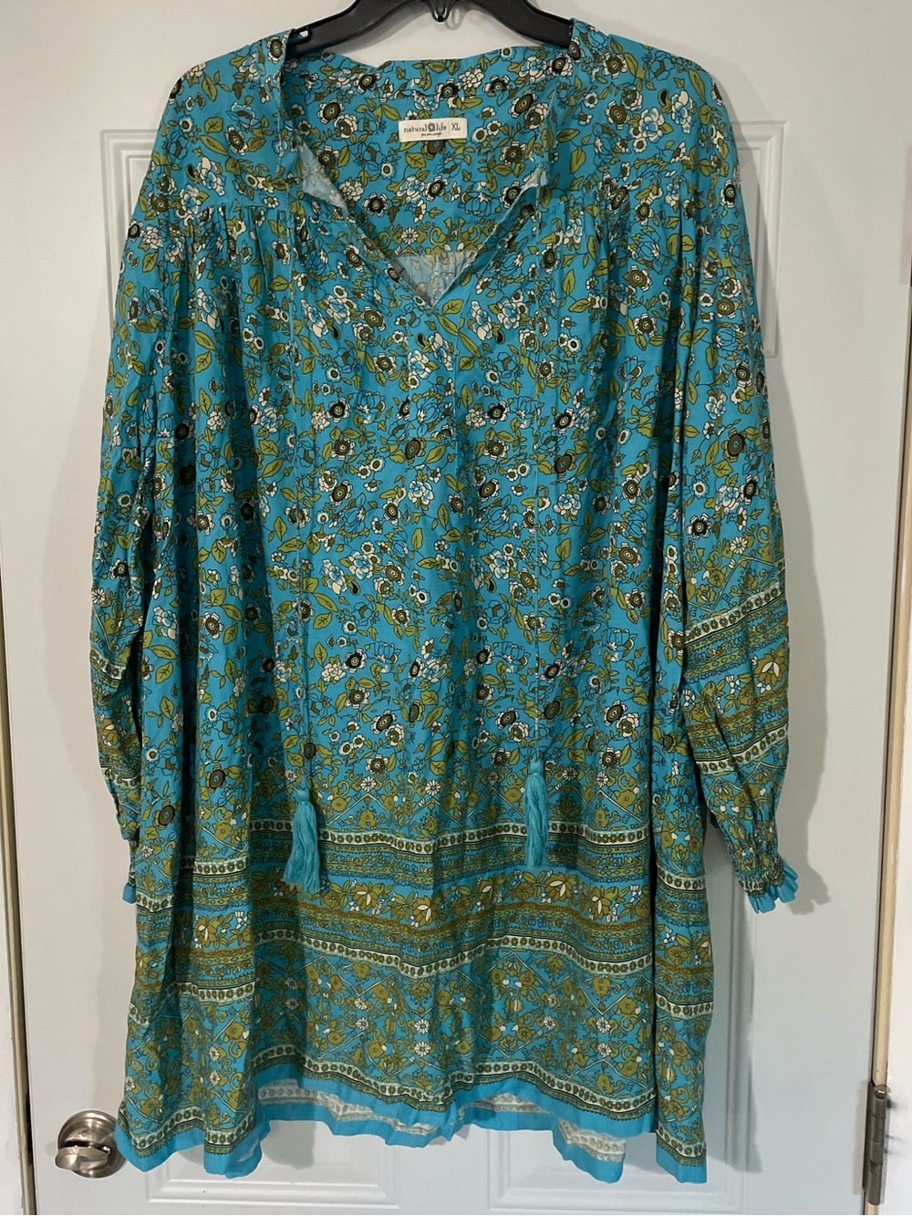 Natural Life Dara Tunic Mini Dress Long Sleeve Floral Boho Tassels Blue XL